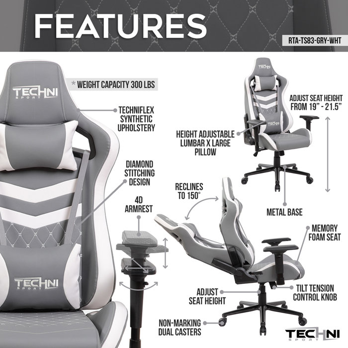 Techni Sport Adjustable Reclining Ergonomic Faux Leather Swiveling PC